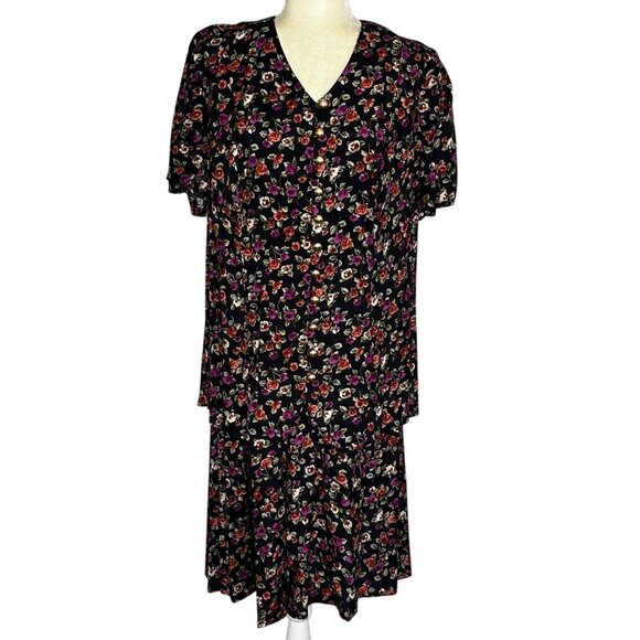 Caroline Wells II Dresses & Skirts - Vintage 90s Floral Rayon Dress Black Button Front Midi Sz 16